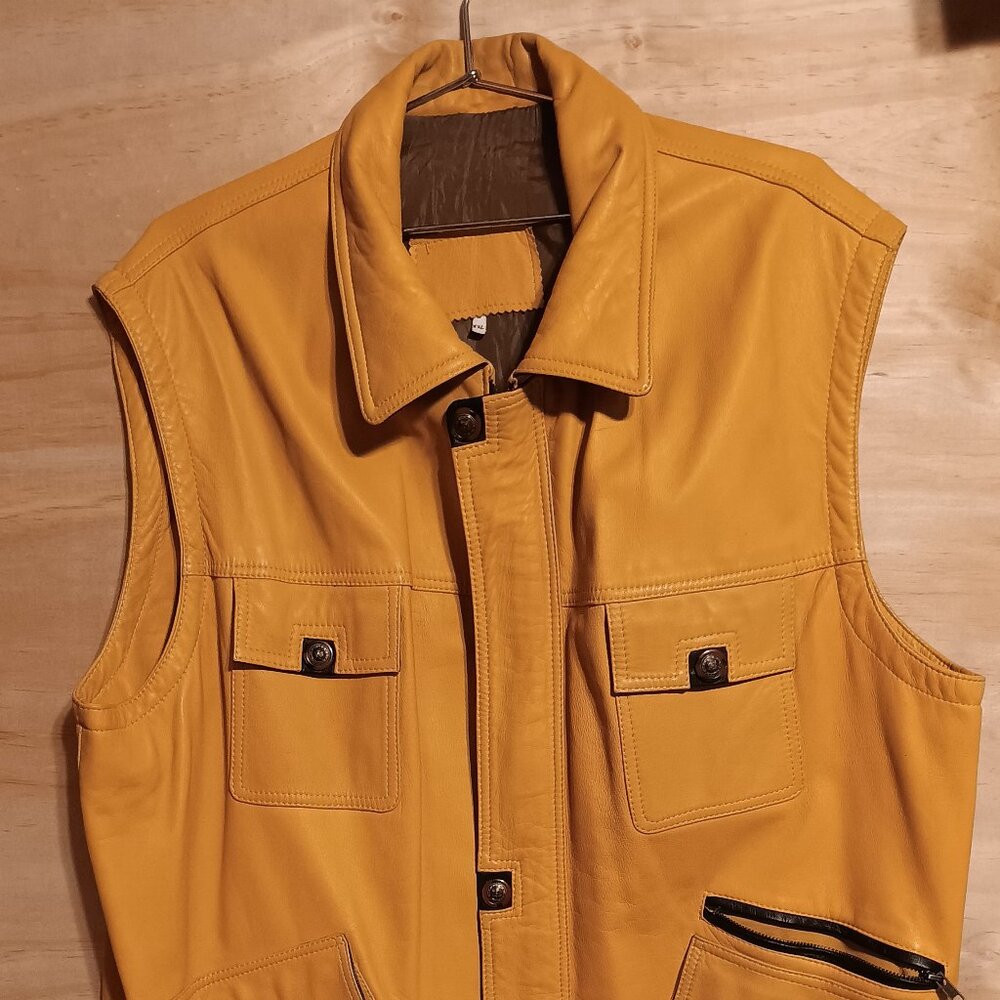 men's 2xl yellow leather vest collared collar cargo pockets